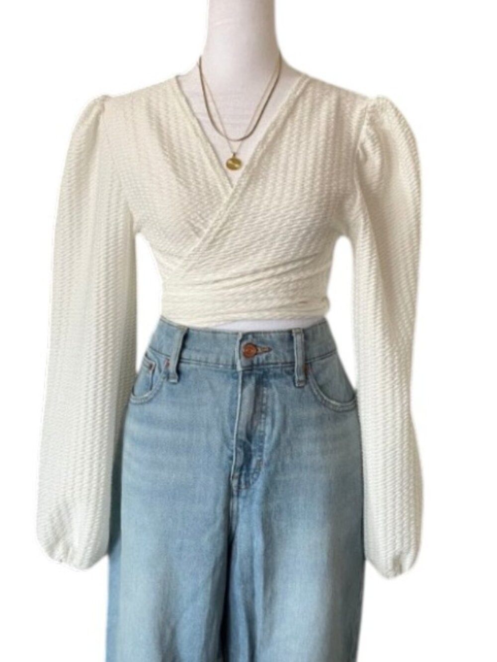 White Blouson Sleeve / Long Sleeve Wrap Top - Crop Top - Size 4